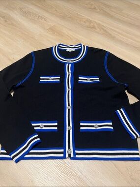 Claudie Pierlot Black Wool Blend Cardigan Blue White Silver Buttons Size 3